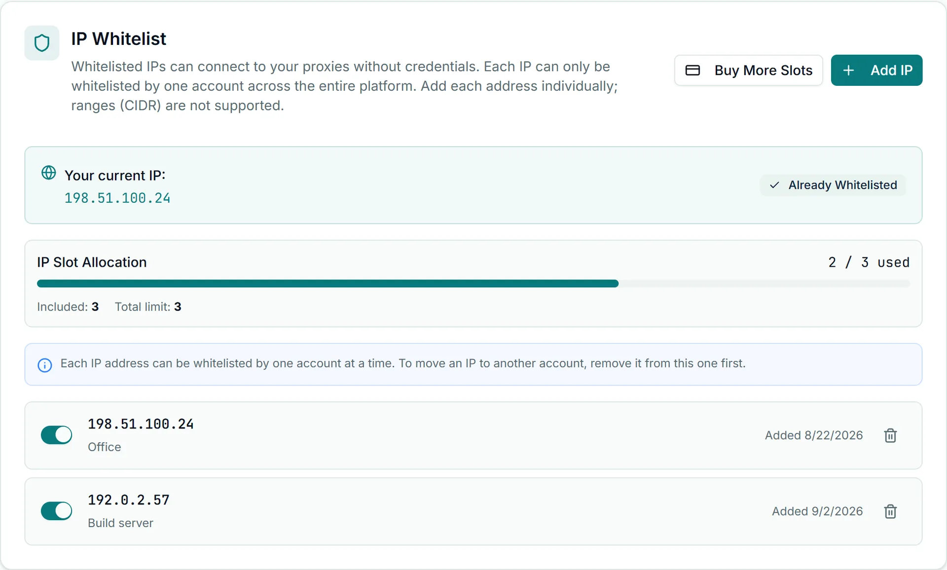 IP Whitelist card in Account Settings, Auth & IP Access tab: your current IP, slots used, and each whitelisted address.