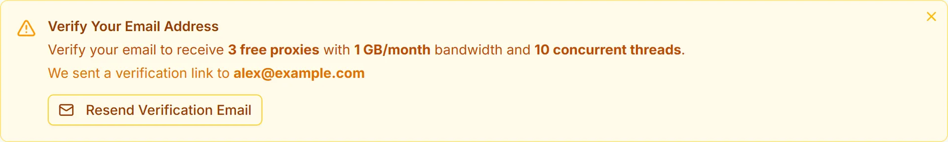 Dashboard banner asking you to verify your email address before your free proxies are issued.