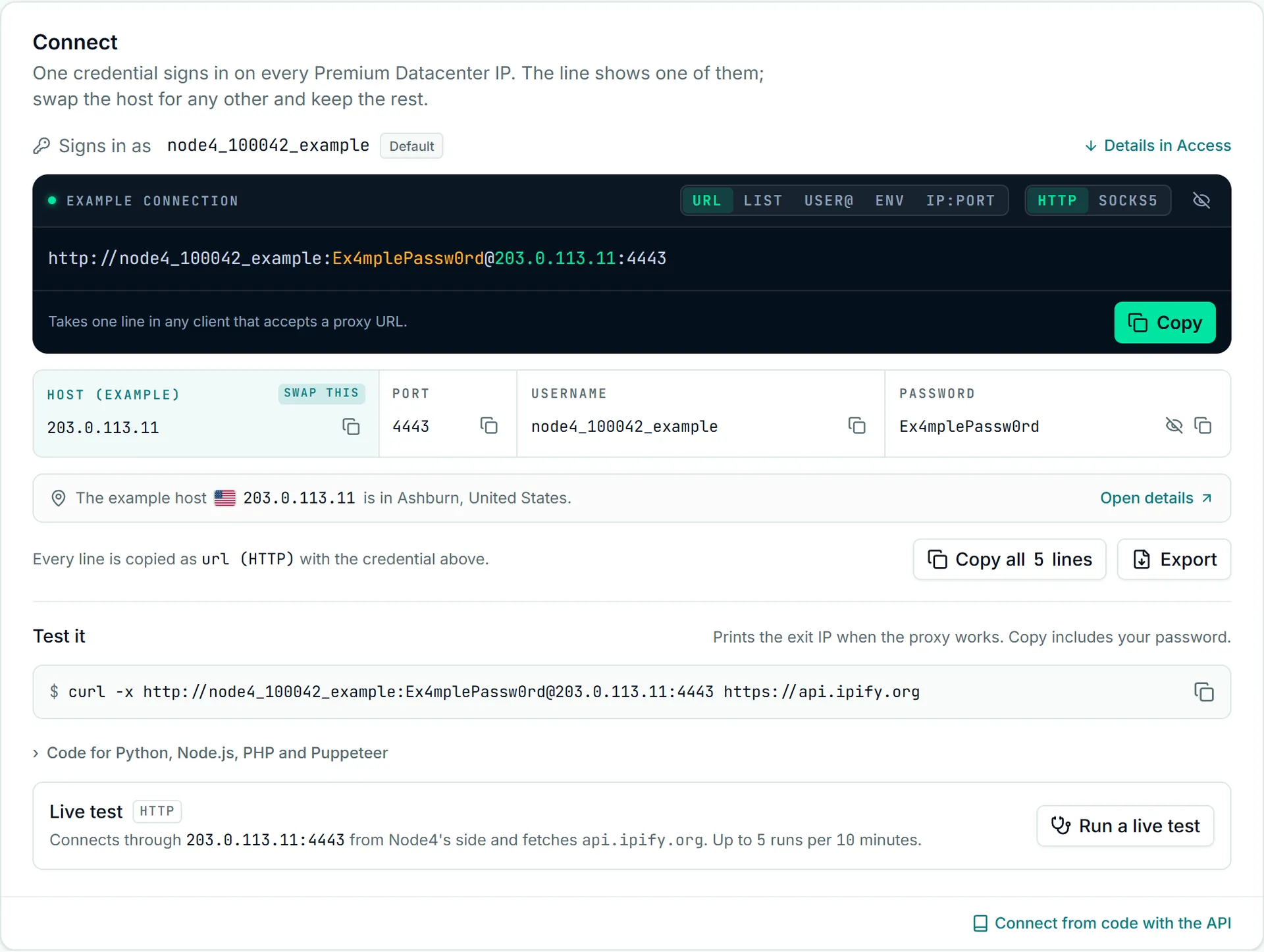 Connect card on the Proxies page: connection string, host, port, username and password, each with a copy button.