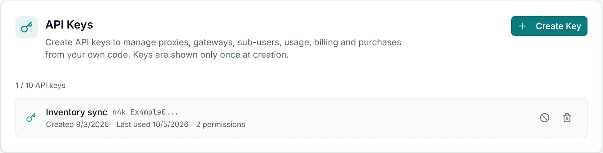 API Keys in Account Settings, API & Webhooks tab: Create Key and an existing key with its prefix, last use and permissions.