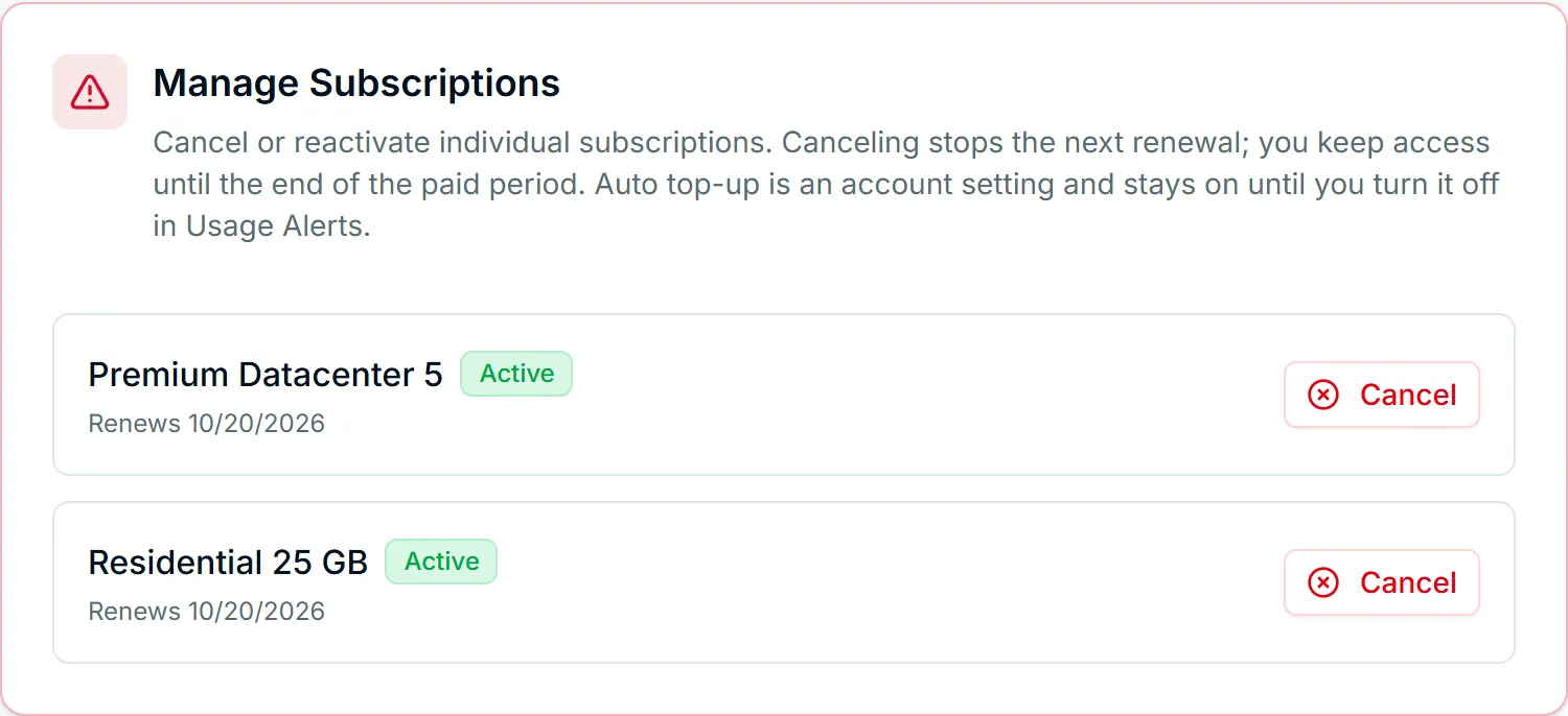 Manage Subscriptions in Account Settings: each active plan with its renewal date and a Cancel button.